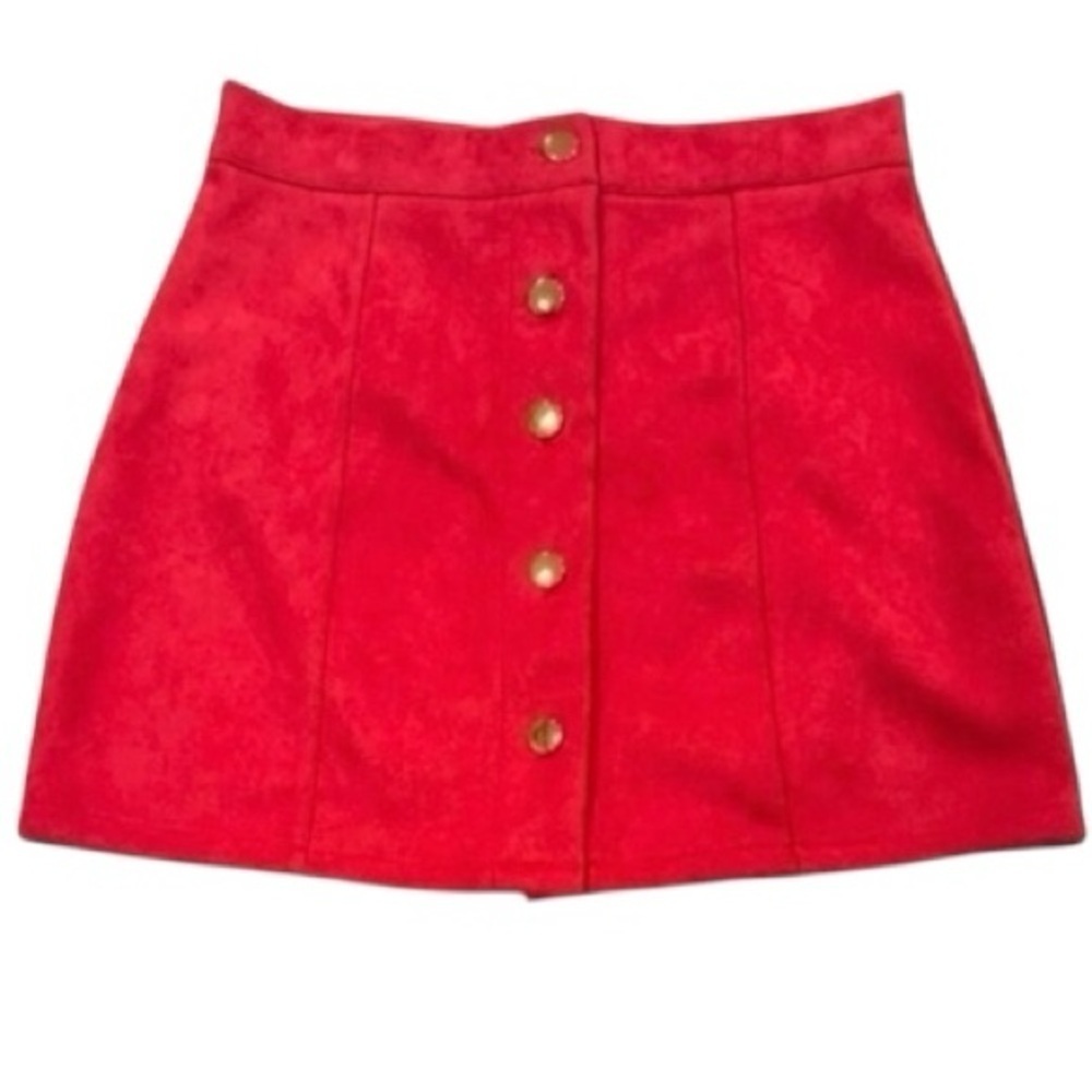 Red Faux Suede Mini Skirt Gold Button Front Y2K Preppy Festival Western Medium - Picture 2 of 4